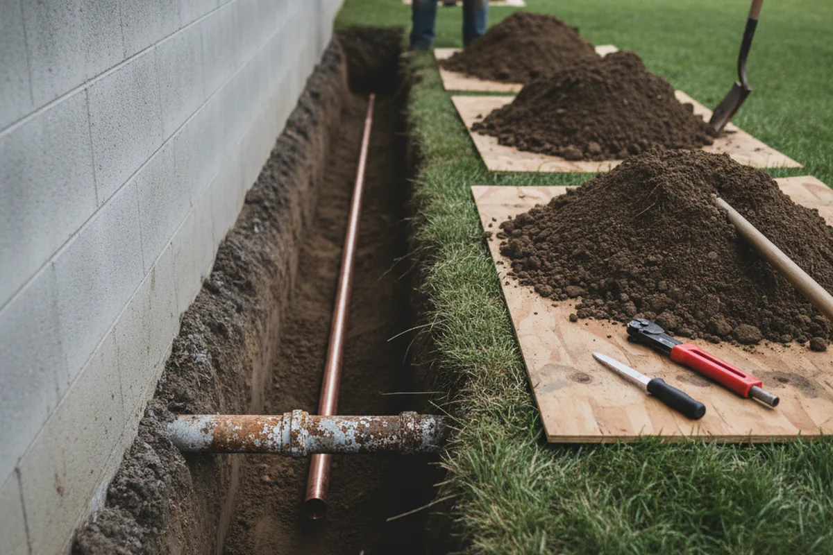 Excavated water line trench during Water Softener Installation in Chicago Heights